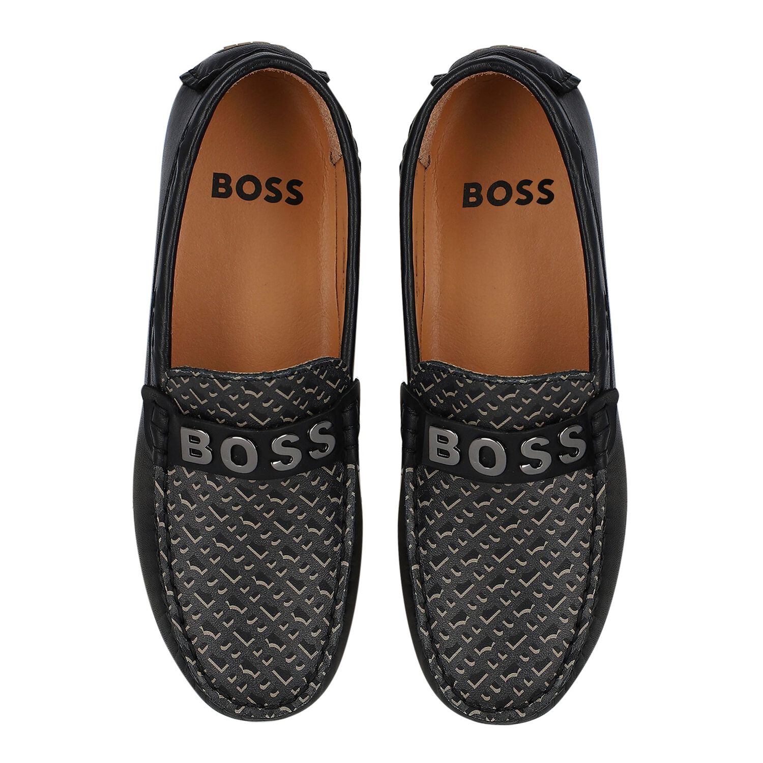 Boys Black Leather Monogram Moccasins, 1, hi-res