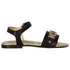 Girls Black & Gold Leather Logo Sandals, 1, hi-res