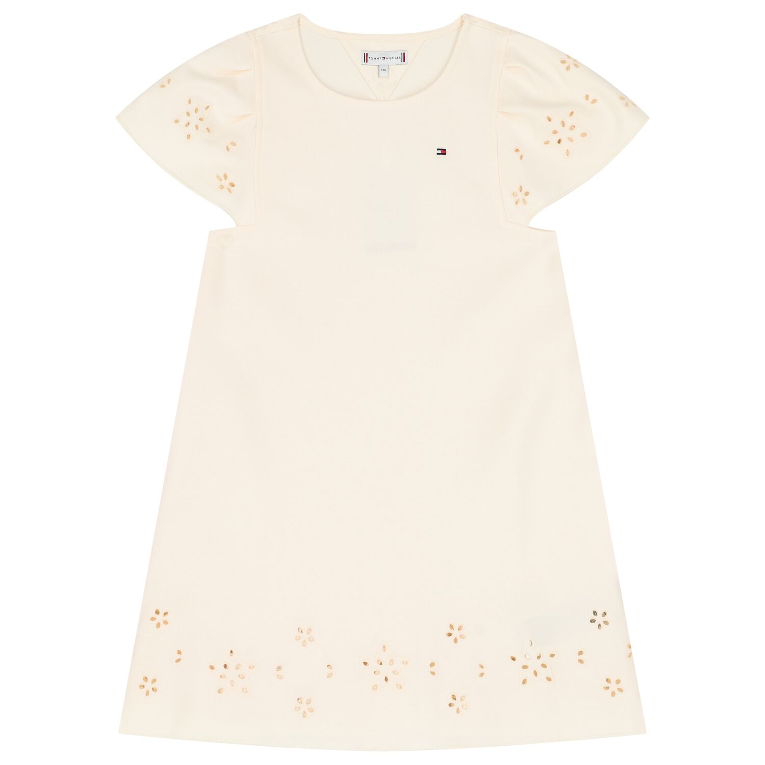 Girls Beige Logo Broderie Anglaise Dress, 1, hi-res