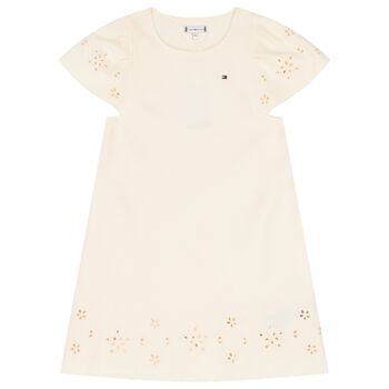 Girls Beige Logo Broderie Anglaise Dress
