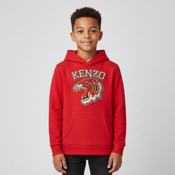 Boys Red Tiger Logo Hooded Top