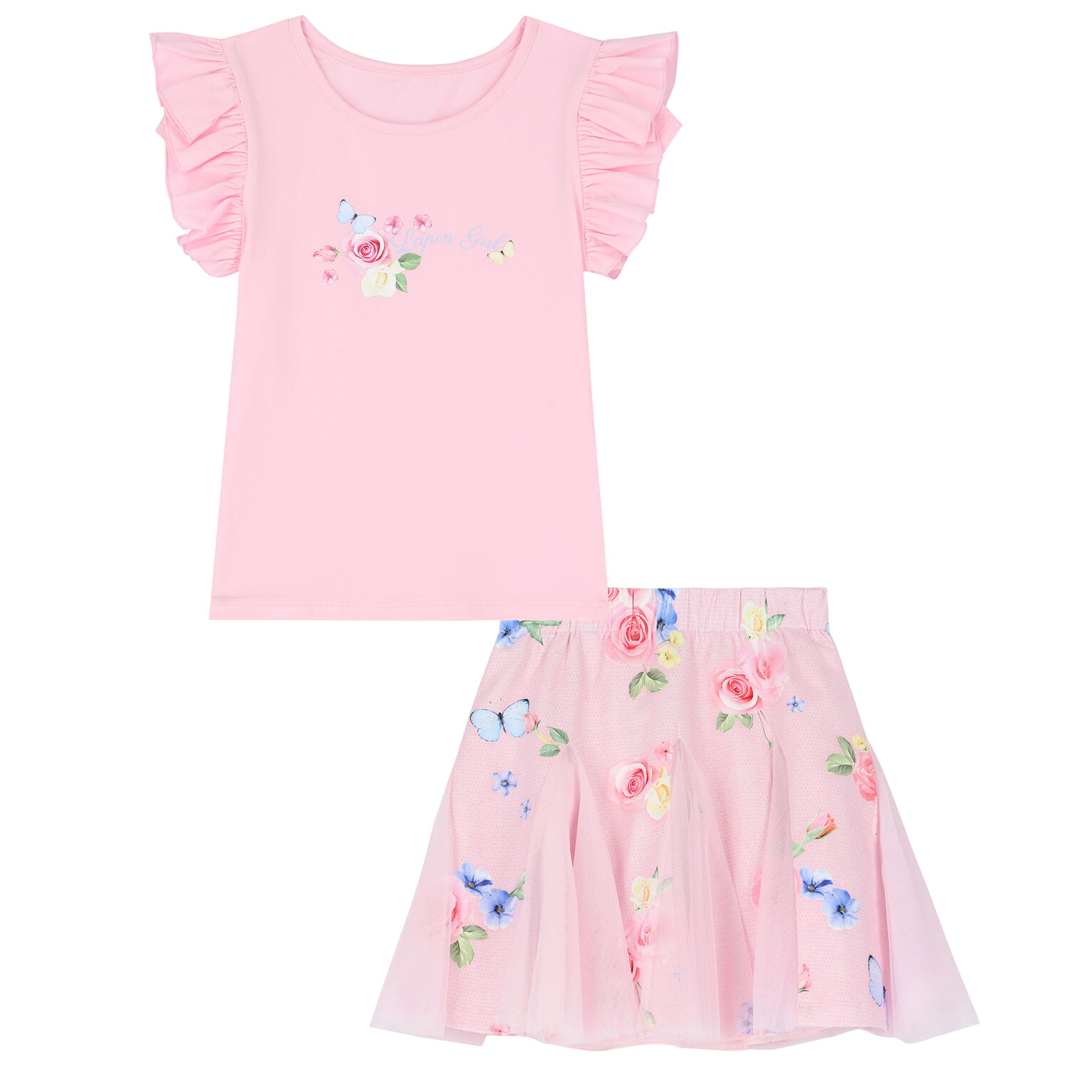 Girls Pink Floral Skirt Set, 1, hi-res