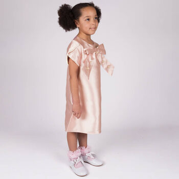 Girls Pink Satin & Pearl Dress