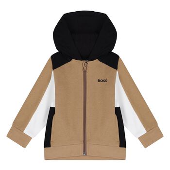 Younger Boys Beige, White & Black Hooded Zip Up Top