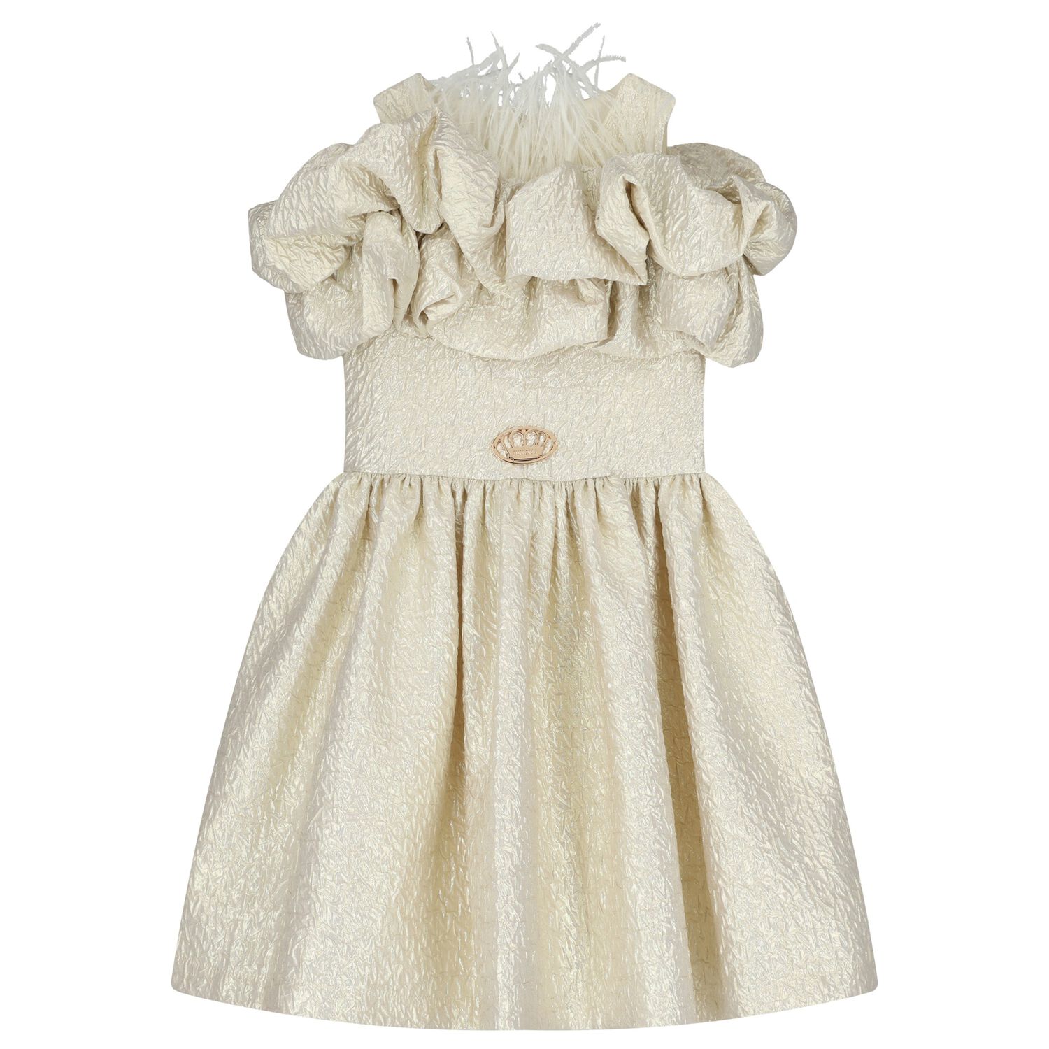 Girls Gold Logo Ruffled Dress, 1, hi-res