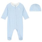 Baby Boys Blue Gingham Cotton Babygrow Set, 1, hi-res