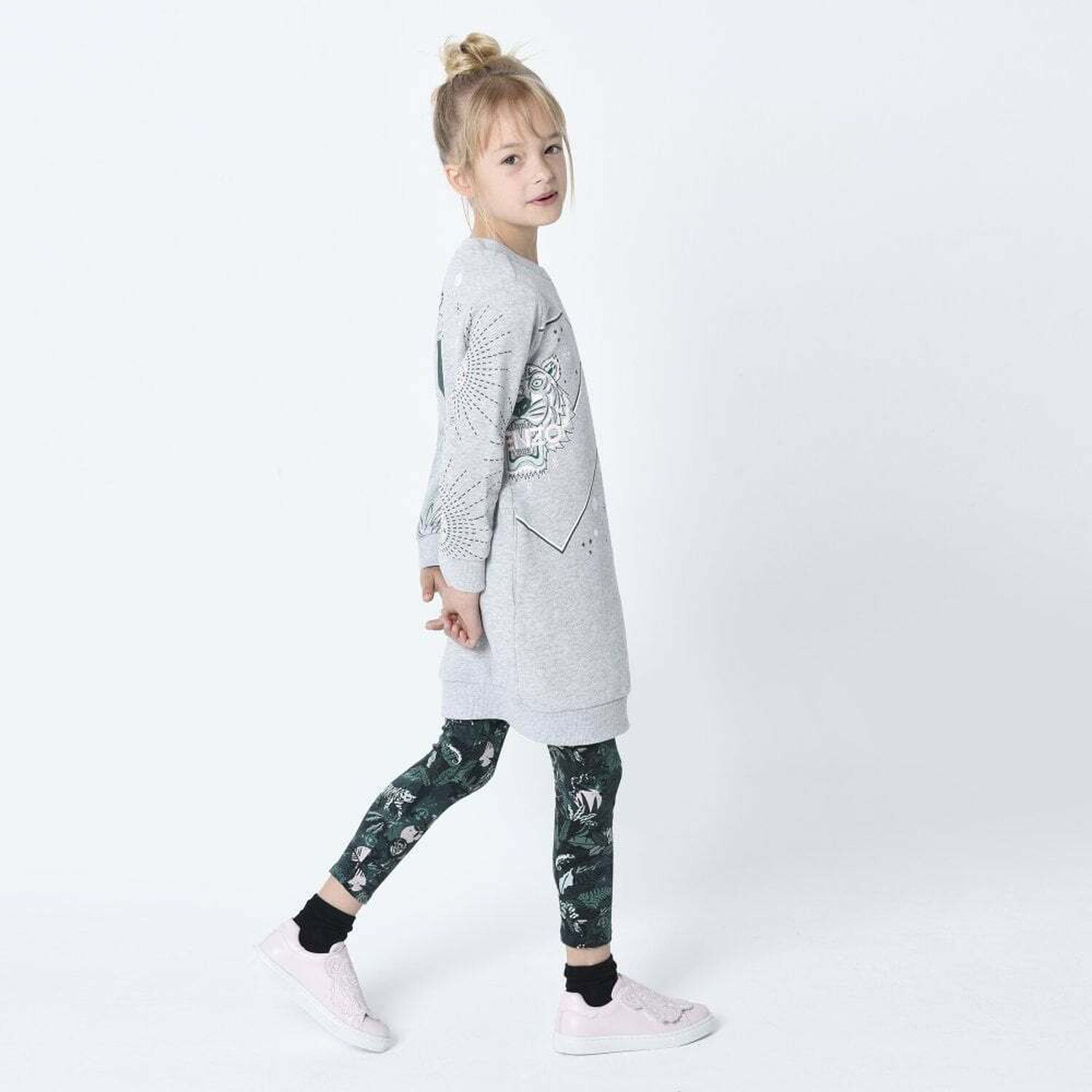 Girls Black Graphic Leggings, 1, hi-res