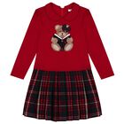 Girls Red & Navy Blue Teddy Bear Tartan Dress, 1, hi-res