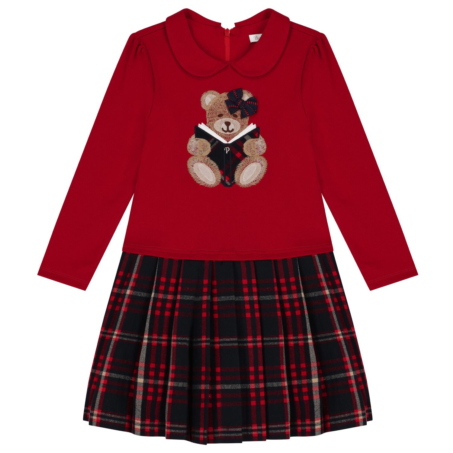 Girls Red & Navy Blue Teddy Bear Tartan Dress, 1, hi-res