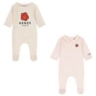 Baby Girls Beige & Pink Boke Flower Babygrows ( 2 Pack ) , 1, hi-res