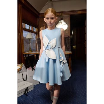 Girls Blue Satin Floral Dress