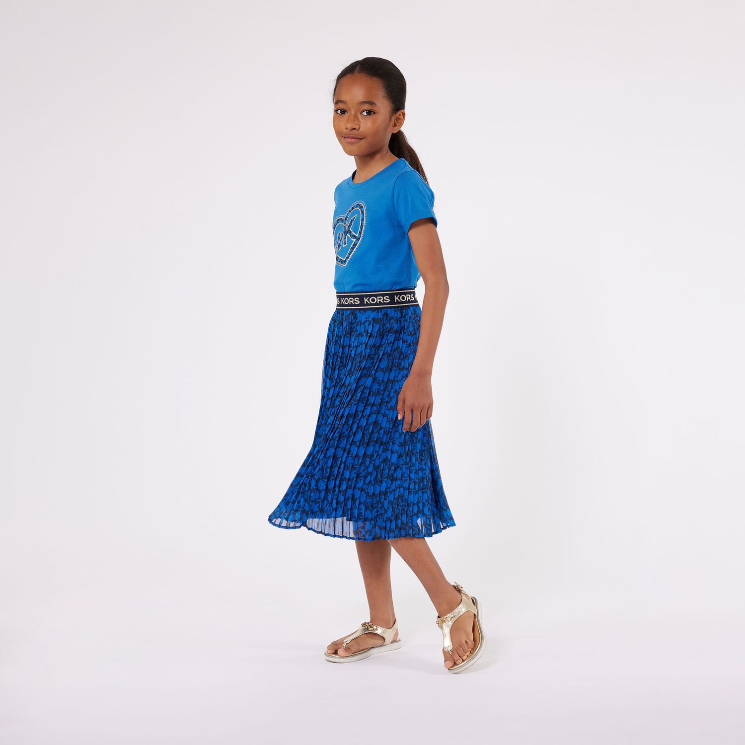Girls Blue Logo Pleated Floral Skirt, 1, hi-res image number null