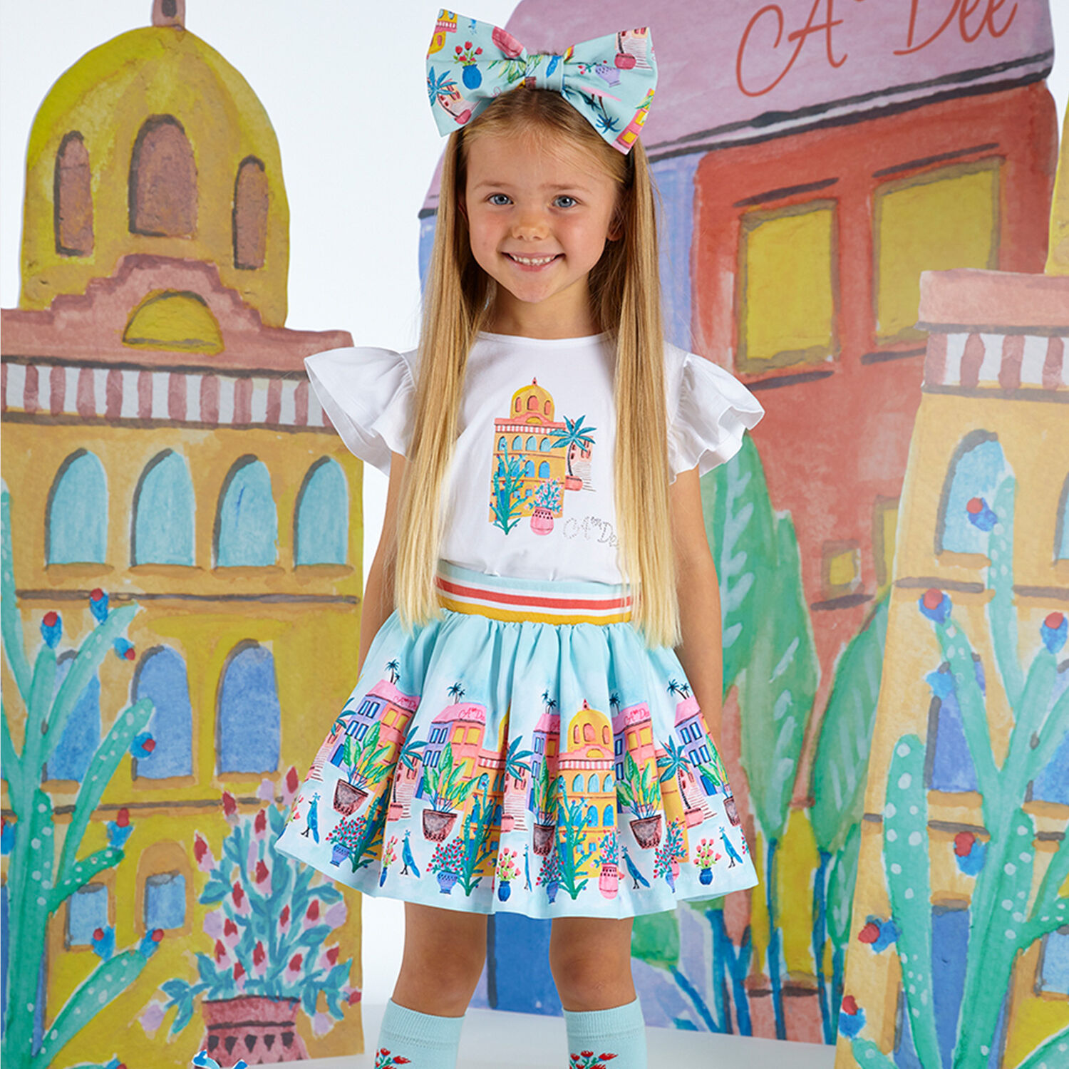Girls White & Blue Tropical Island Skirt Set, 1, hi-res