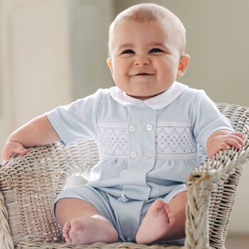 Baby Boys Blue Embroidered Romper