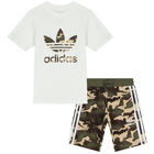 White & Khaki Green Trefoil Shorts Set, 1, hi-res
