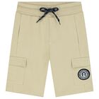 Boys Beige Logo Shorts, 1, hi-res