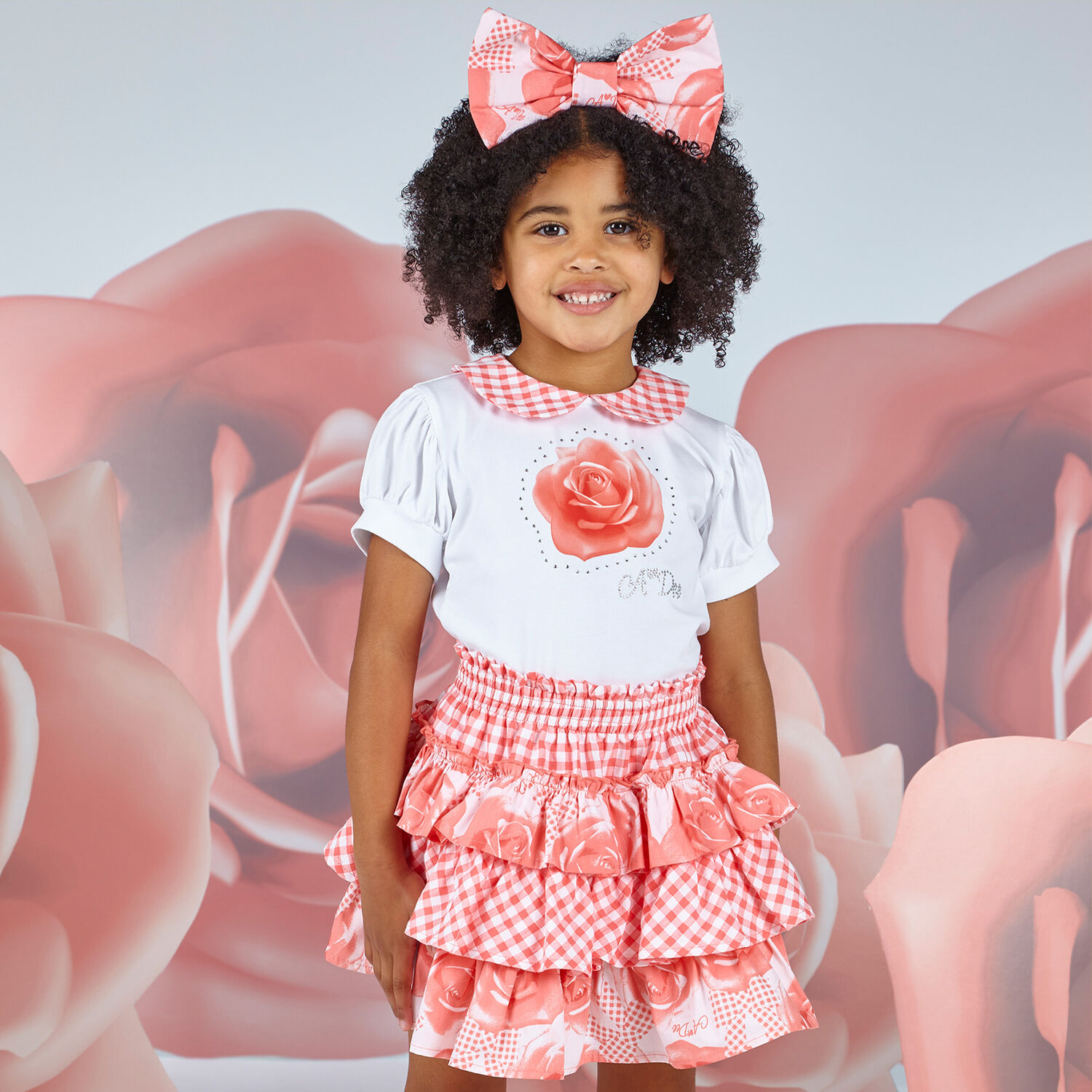 Girls White & Coral Roses Skirt Set, 1, hi-res image number null