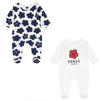 White & Navy Boke Flower Babygrows ( 2 Pack )