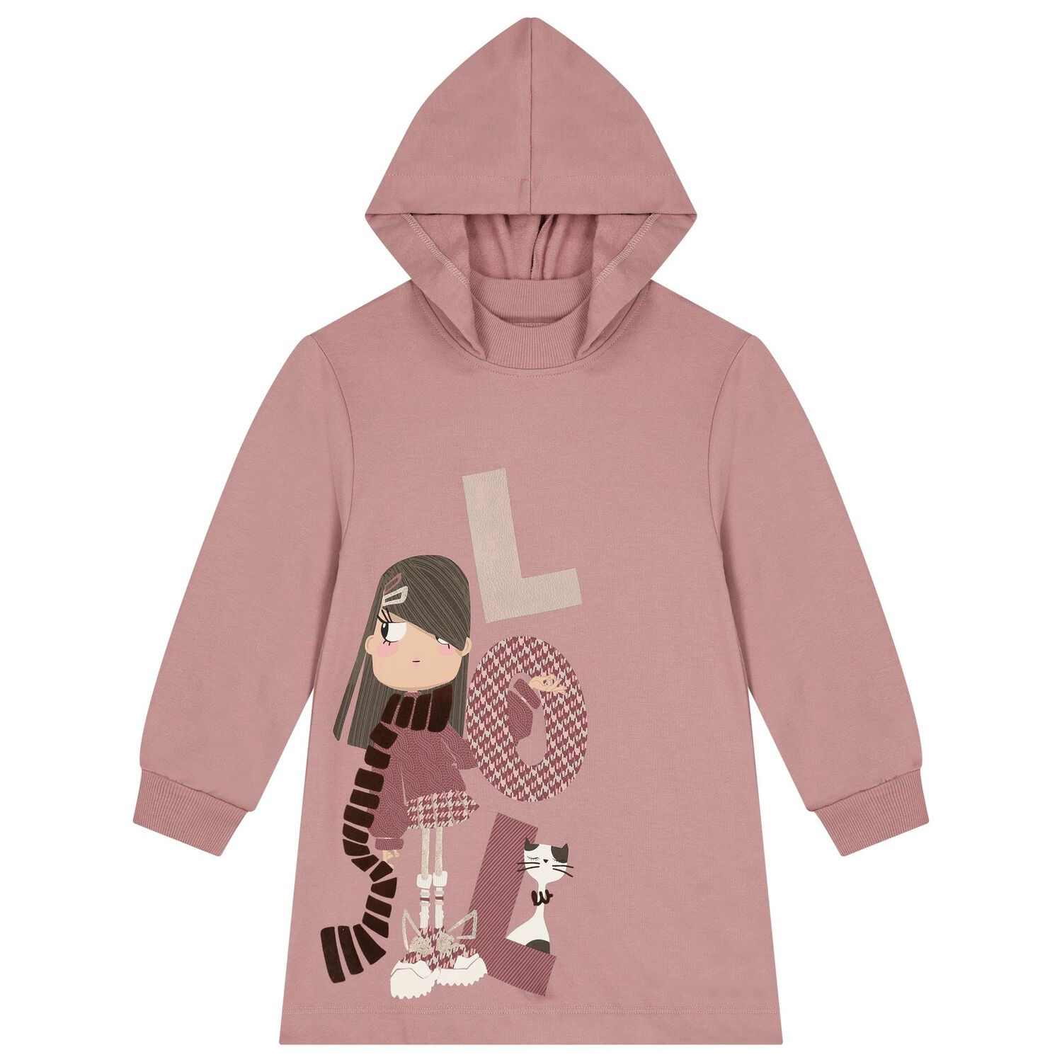Girls Pink Hooded Sweatshirt Dress, 2, hi-res
