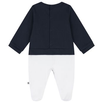 Baby Boys White & Navy Blue Logo Babygrow