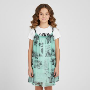 Girls Green & White Logo Dress