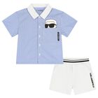 Boys Blue & White Ikonik Karl Shorts Set, 1, hi-res
