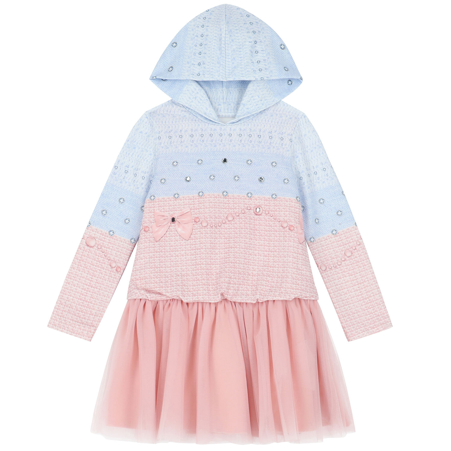 Girls Blue & Pink Embellished Hooded Dress, 1, hi-res image number null