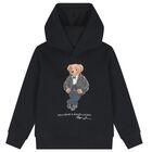Boys Black Polo Bear Hooded Top, 1, hi-res