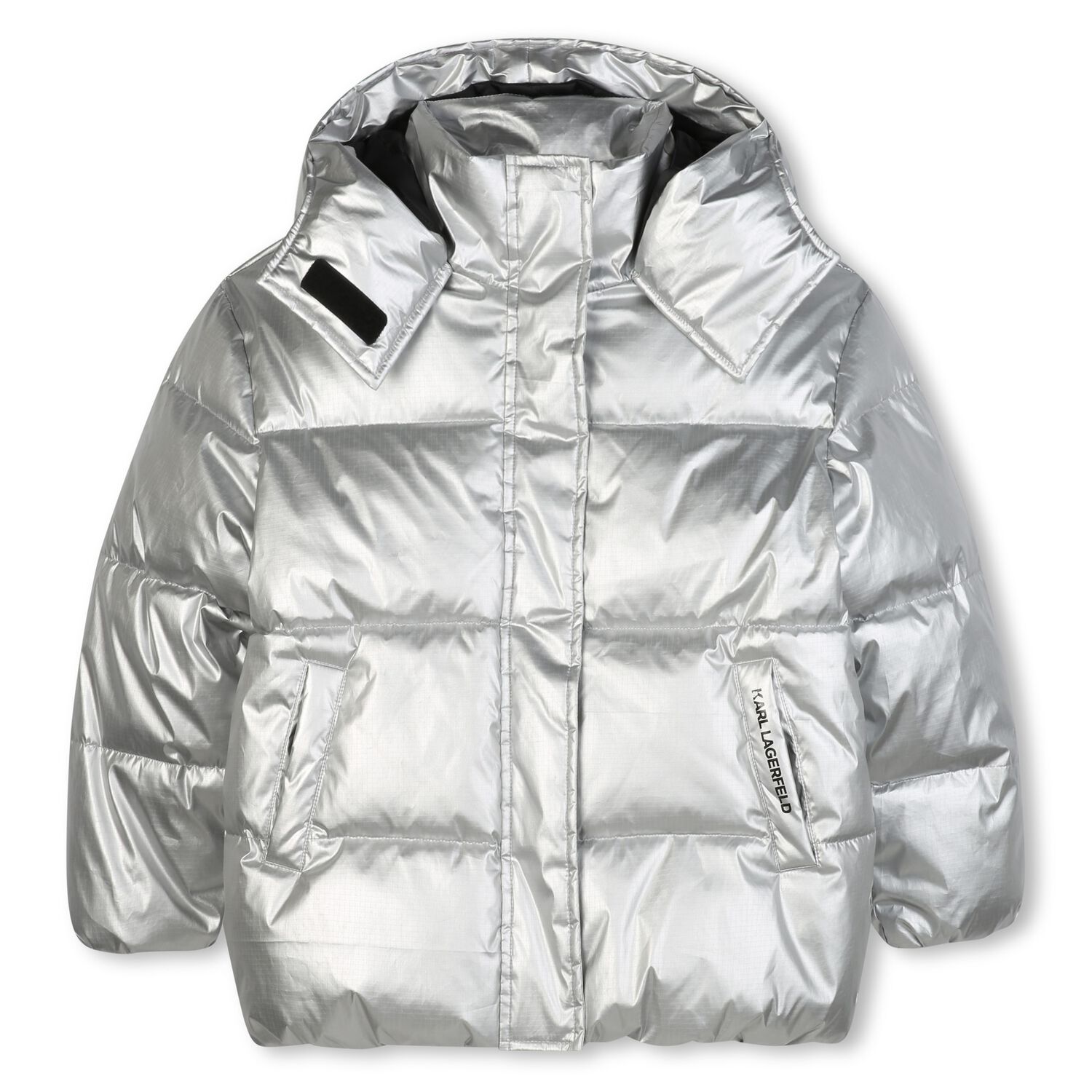 Girls Silver Hooded Puffer Jacket , 1, hi-res