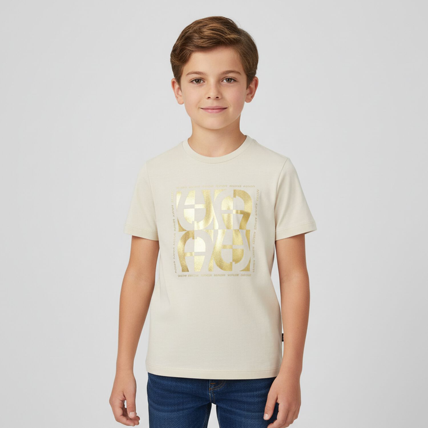 Boys Beige & Gold Logo T-Shirt, 1, hi-res