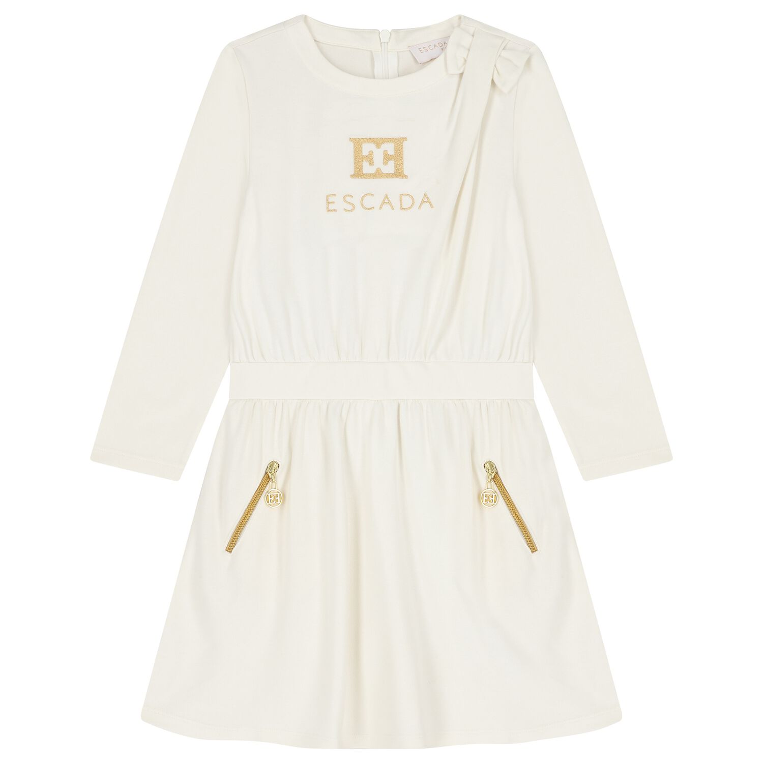 Girls Ivory & Gold Logo Dress, 1, hi-res