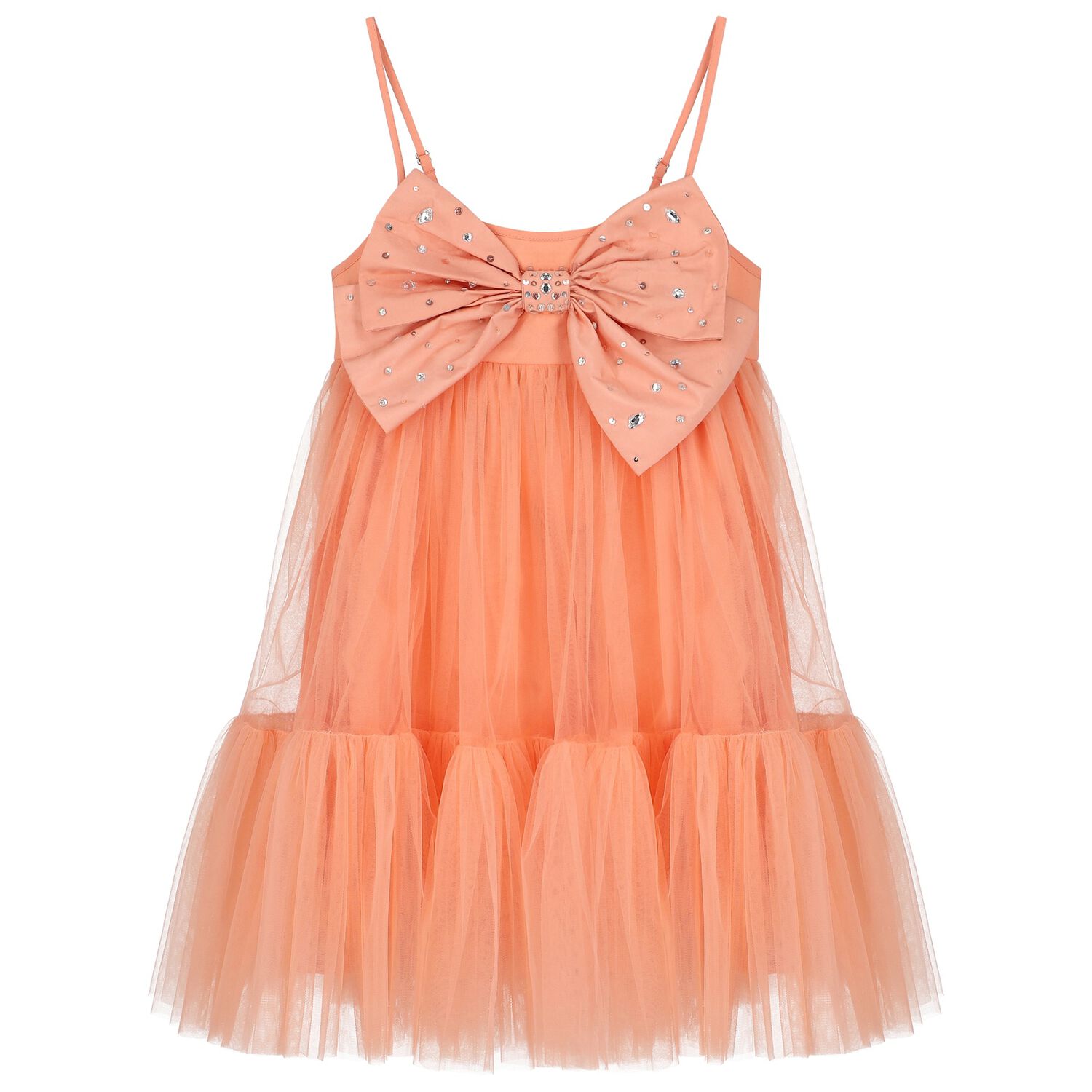 Girls Coral Bow Tulle Dress, 1, hi-res