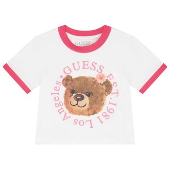 Girls White & Pink Teddy Bear T-Shirt