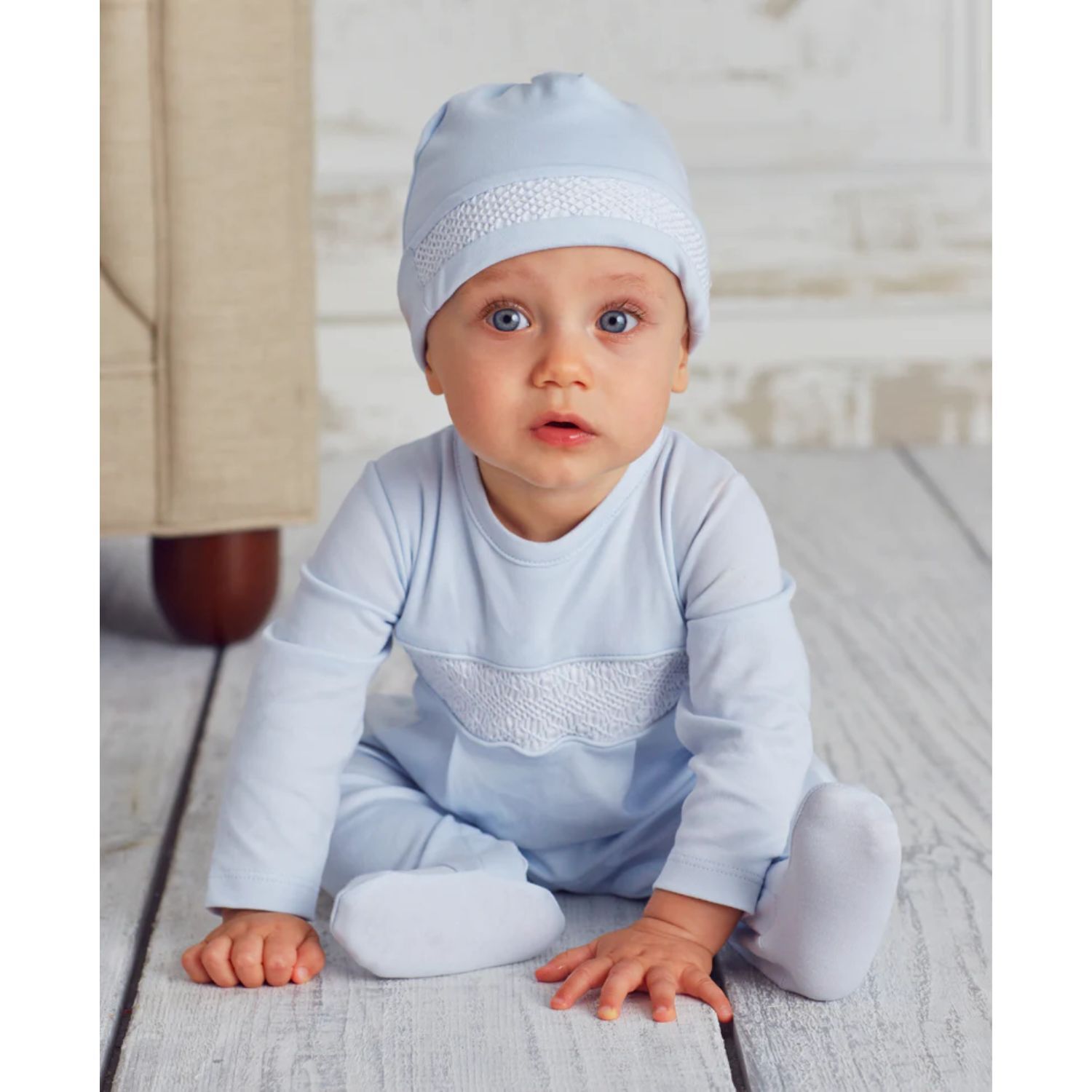 Baby Boys Blue Smocked Babygrow, 2, hi-res