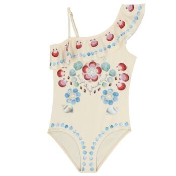 Girls Beige Shell Ruffled Swimsuit