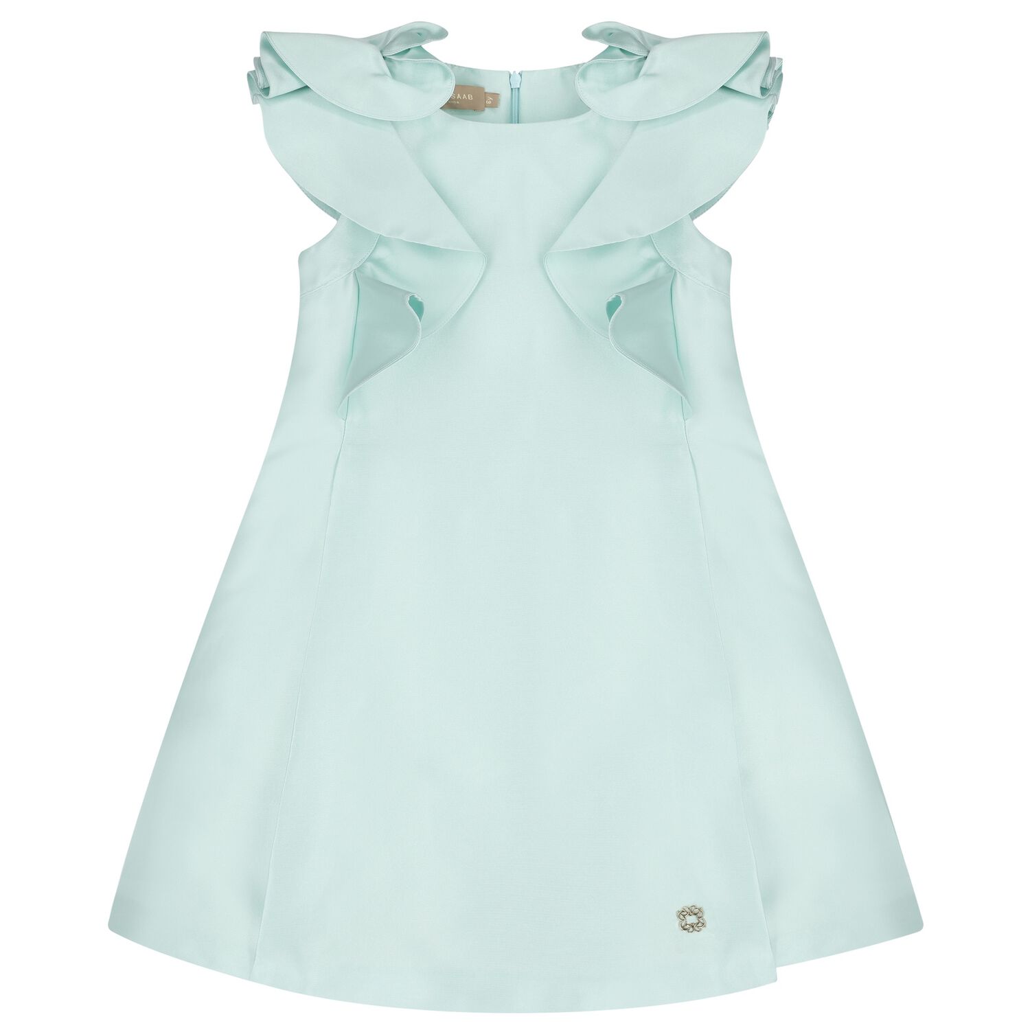 Girls Aqua Satin Ruffle Dress, 3, hi-res