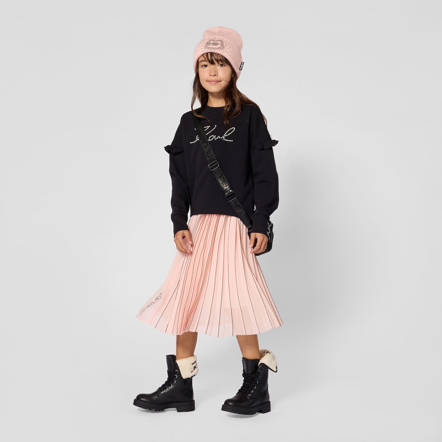 Girls Pink & Black Logo Pleated Skirt, 1, hi-res