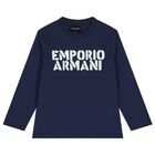 Boys Navy Blue Logo Long Sleeve Top, 1, hi-res