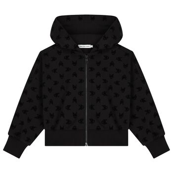 Girls Black Logo Hooded Zip Up Top