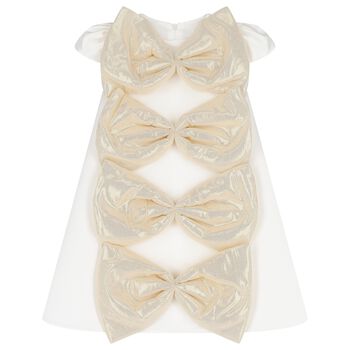 Girls White & Gold Bow Dress