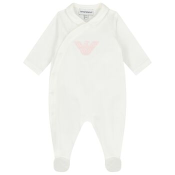 Baby Girls White & Pink Cotton Logo Babygrow