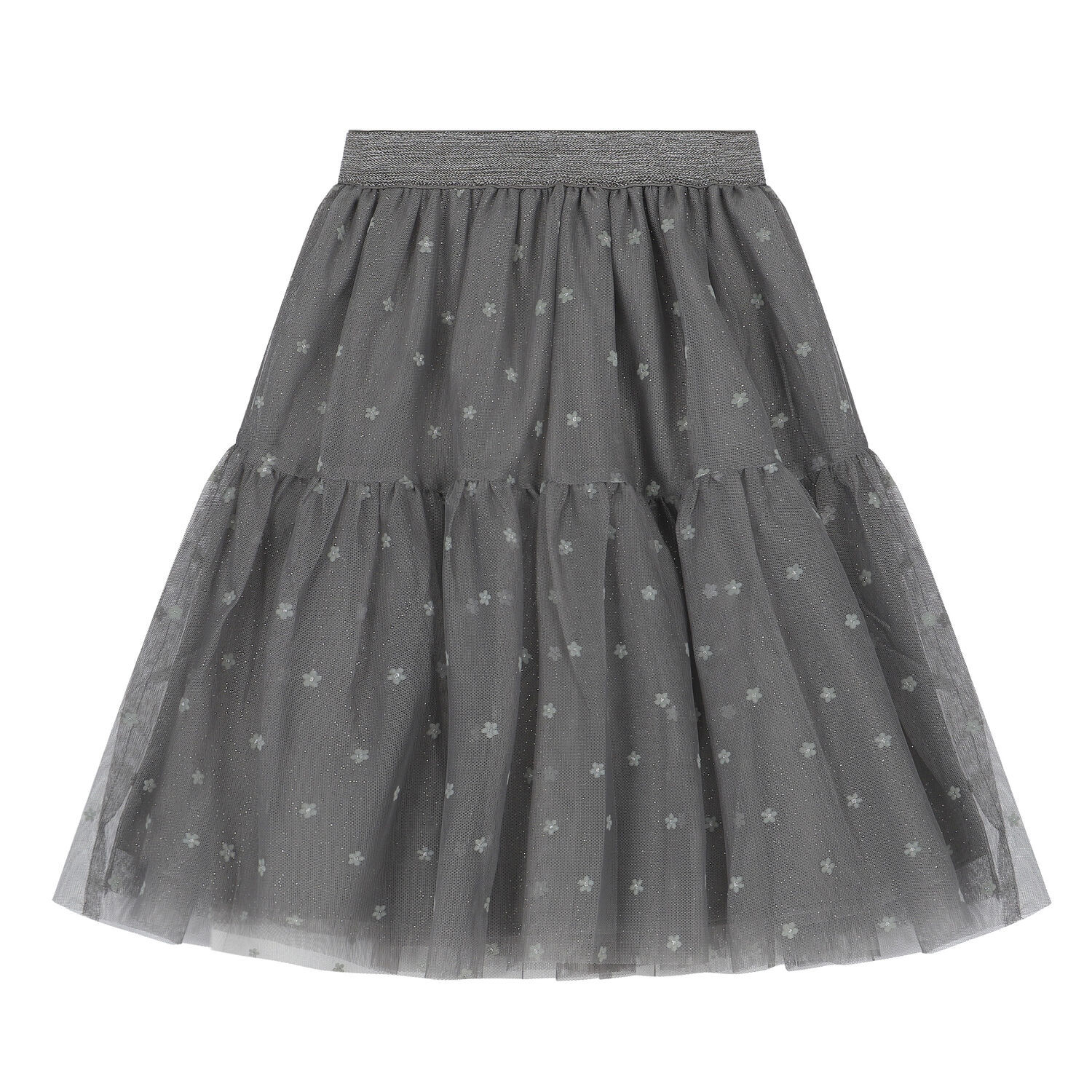 Girls Grey Flower Tulle Skirt, 1, hi-res