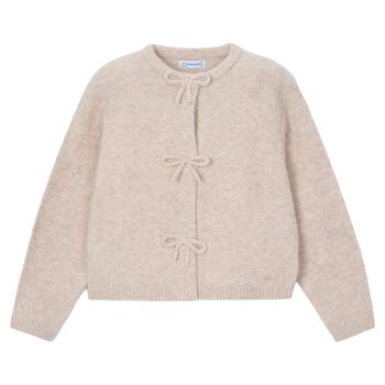 Girls Beige Bow Knitted Cardigan 