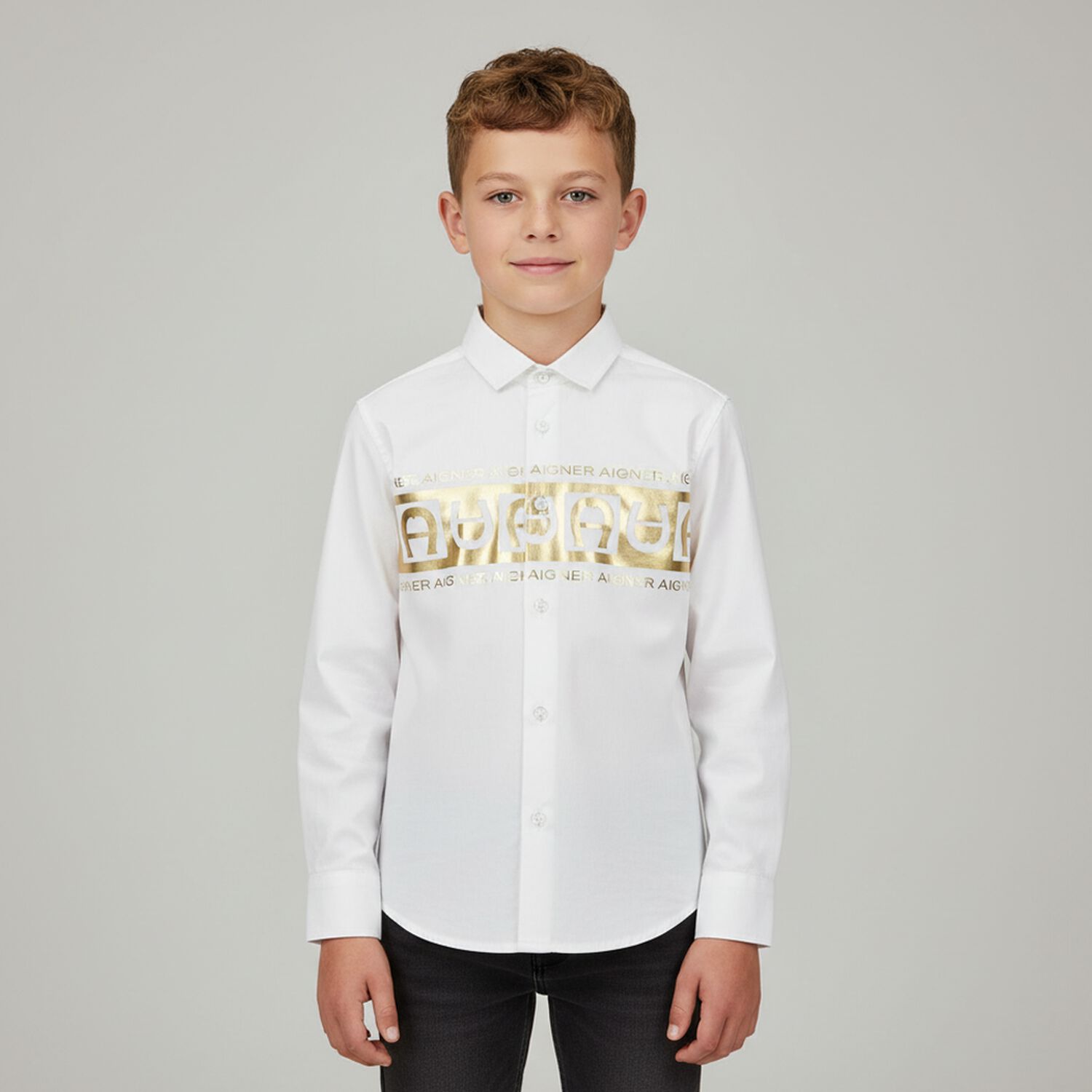 Boys White & Gold Logo Shirt, 1, hi-res