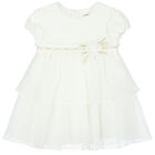 Baby Girls White Velvet & Chiffon Dress, 1, hi-res