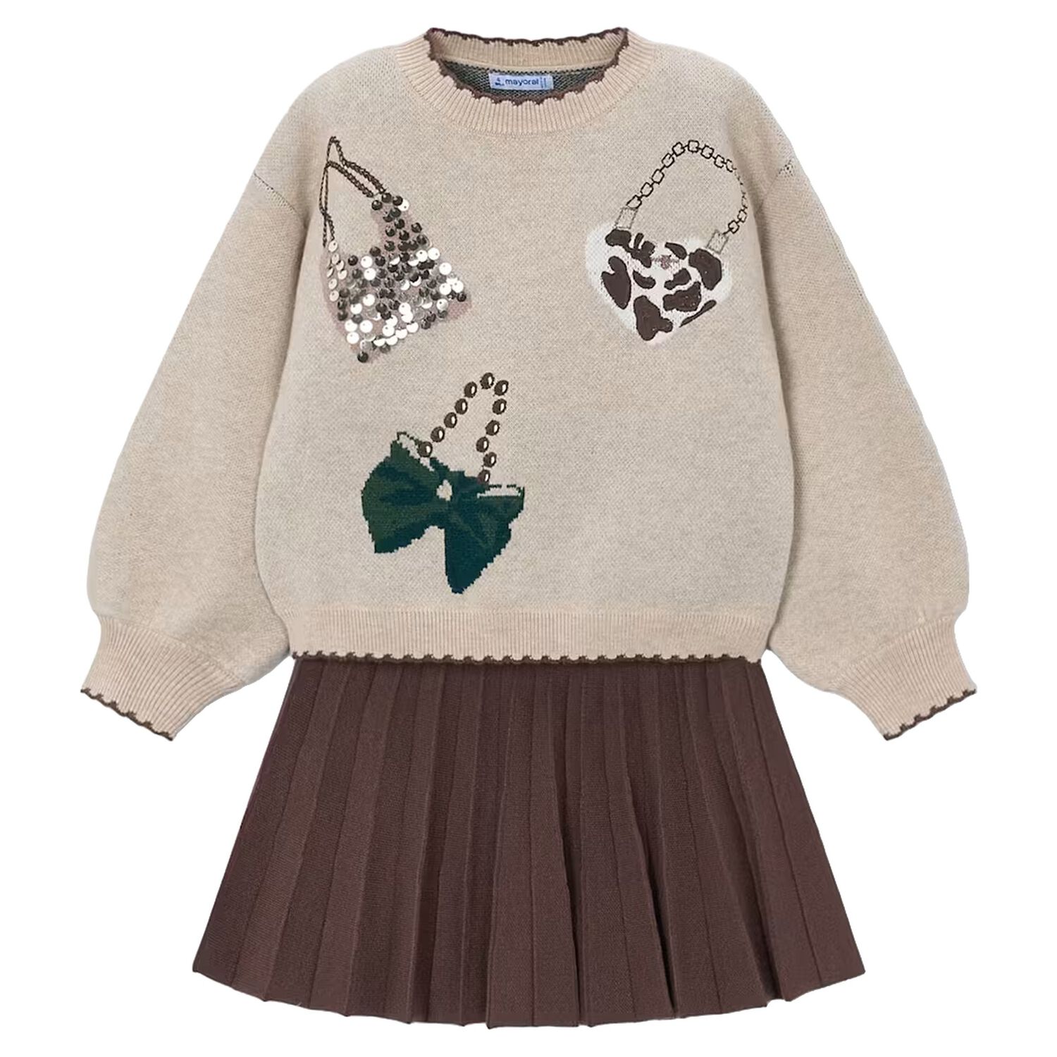 Girls Beige Knitted Skirt Set, 1, hi-res