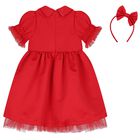 Girls Red Bow Satin Dress & Hairband Set, 1, hi-res