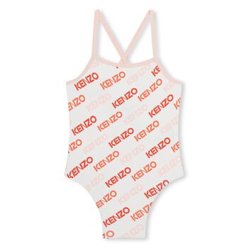 Younger Girls Ivory & Pink Logo Swimsuit