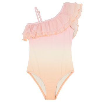 Girls  Beige & Pink Ruffled Swimsuit