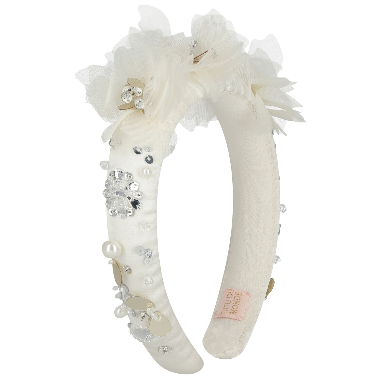 Girls Ivory Flower Satin Headband, 1, hi-res